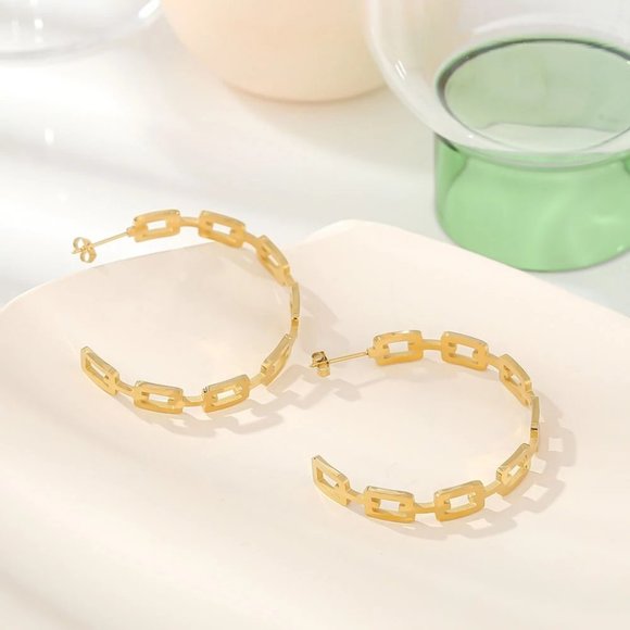 NEW 18K Gold Plated Link Chain Round Hoop Earrings - Picture 2 of 7